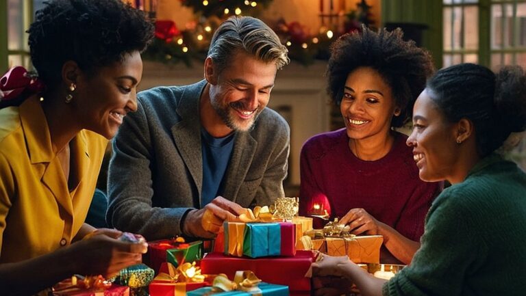 Grupė žmonių susirinko prie stalo ir apsikeitė dovanomis su skirtingomis kainomis. Kambarys užpildytas spalvingomis dekoracijomis, atspindinčiomis dovanų įvairovę ir apgalvotą įvairovę.