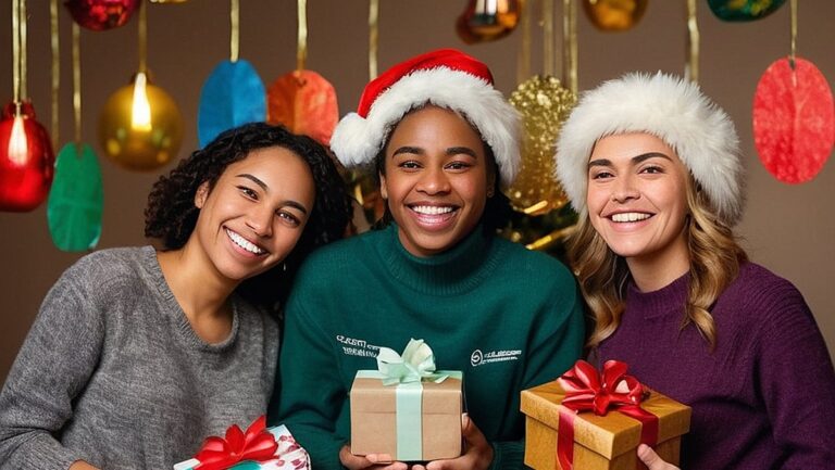 Grupė žmonių, laikančių spalvingus ir šventinius dovanų kuponus, su džiaugsmo ir dėkingumo išraiškomis veiduose. Kambarys dekoruotas šiltomis ir kviečiančiomis dekoracijomis, atspindinčiomis meilę ir dėkingumą šioms universalioms dovanų kortelėms.