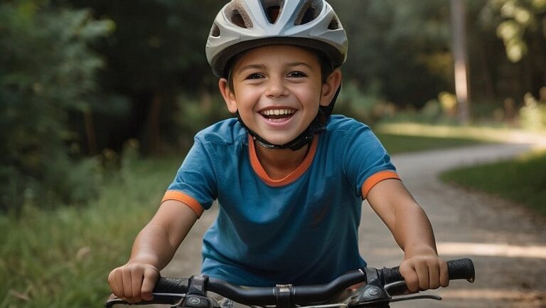Realus jauno berniuko, besispindinčio džiaugsmu važiuojančio dviračiu, apsupto įvairaus lauko sporto inventoriaus, vaizdas. Puikiai tinka straipsniui apie aktyvias ir nuotykių kupinas dovanas berniukams.