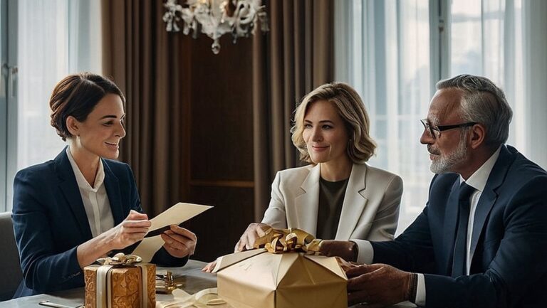 Grupė profesionalų susirinko prie stalo ir apsikeitė apgalvotomis ir unikaliomis dovanomis savo viršininkui. Kambarys užpildytas elegantiškomis dekoracijomis ir dėkingumo jausmu savo lyderiui.