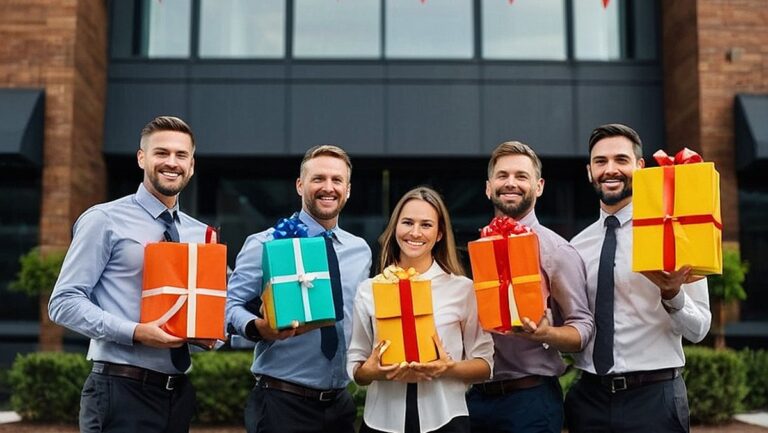 Grupė laimingų darbuotojų, stovinčių priešais įmonės biurą, laikančių motyvacines dovanas ir apsupta ryškių reklamjuosčių bei dekoracijų.