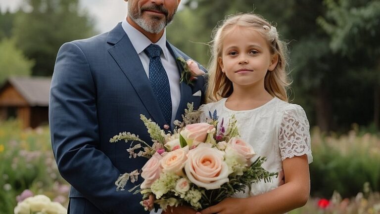 Širdį glostantis mažo vaiko, kurį laiko krikštatėviai, atvaizdas su gražia gėlių puokšte ir gležnu kryžiumi fone.