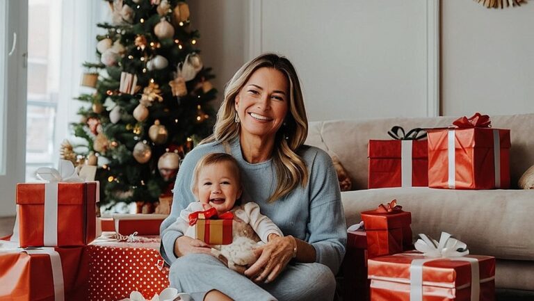 Mama su šypsena veide, apsupta įvairių dovanų variantų ir dekoracijų, simbolizuojančių ypatingo mamos ir vaiko ryšio šilumą ir meilę.