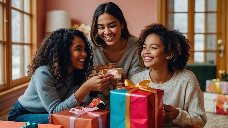 Įvairus būrys merginų besišypsančių ir besikeičiančių dovanomis jaukiame, spalvingų ir kūrybingų dovanų idėjų kupiname kambaryje.