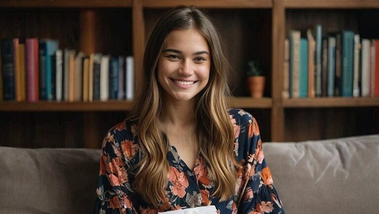 Besišypsanti jauna moteris sėdi jaukiame skaitymo kampelyje, apsupta knygų lentynų ir laiko dovaną, supakuotą į gėlėtą popierių.