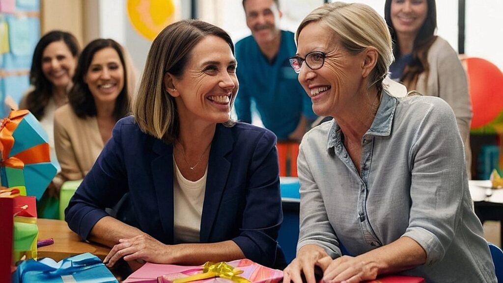 Grupė mokytojų besišypsančių ir apgalvotomis dovanomis besikeičiančioje klasėje, kurioje gausu edukacinių ir kūrybingų dovanų variantų. Juos supa spalvingos dekoracijos ir padėkos simboliai už sunkų darbą ir atsidavimą.