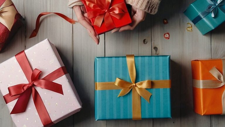 Moteris, apsupta spalvingų ir apgalvotų dovanų, užfiksuojanti džiaugsmą ir jaudulį ieškant tobulos dovanos ypatingai moteriai savo gyvenime.