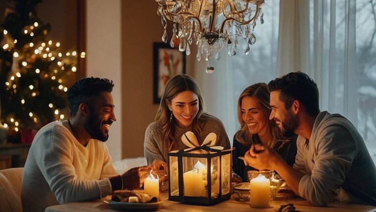 Prie gražiai papuošto valgomojo stalo susirinko būrys draugų, kurie ypatingai progai apsikeitė apgalvotomis dovanomis. Kambarys užpildytas šiltomis ir jaukiomis dekoracijomis, atspindinčiomis meilę ir dėkingumą vienas kitam.