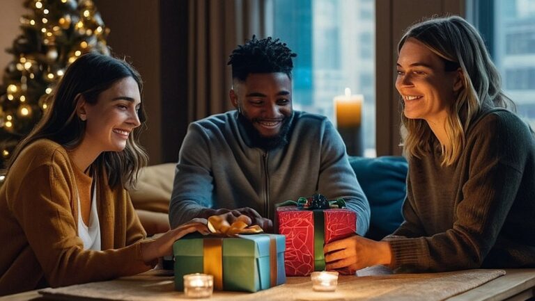 Grupė draugų sėdi prie virtualaus stalo ir vaizdo skambučiu keičiasi apgalvotomis ir suasmenintomis dovanomis. Kambarys užpildytas moderniomis ir technologijų įkvėptomis dekoracijomis, atspindinčiomis kūrybiškumą ir naujoves nuotolinio dovanų teikimo srityje.