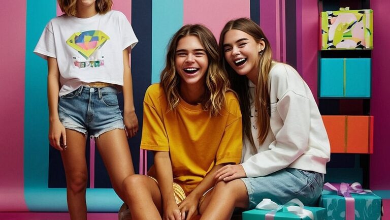 Grupė paauglių besijuokiančių ir besilinksminančių besikeičiančių šiuolaikiškomis ir madingomis dovanomis. Fone yra spalvingas ir ryškus miegamasis, kuriame pristatomos naujausios paauglių tendencijos ir stiliai.