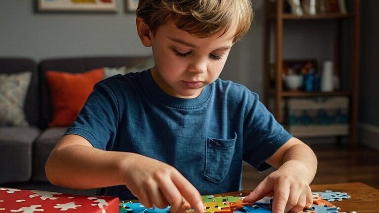 "Reališkas vaiko, žaidžiančio dėlionė, vaizdas, apsuptas įvairių amžių atitinkančių dovanų. Puikiai tinka straipsniui apie amžių atitinkančias dovanas vaikams."