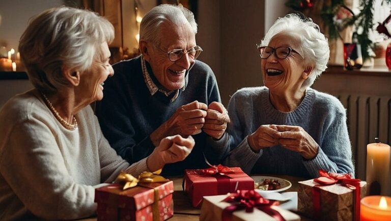 Grupė pagyvenusių žmonių, sėdinčių prie stalo, besijuokiančių ir besikeičiančių apgalvotomis dovanomis. Kambarys užpildytas šiltomis ir jaukiomis dekoracijomis, atspindinčiomis meilę ir dėkingumą vienas kitam.