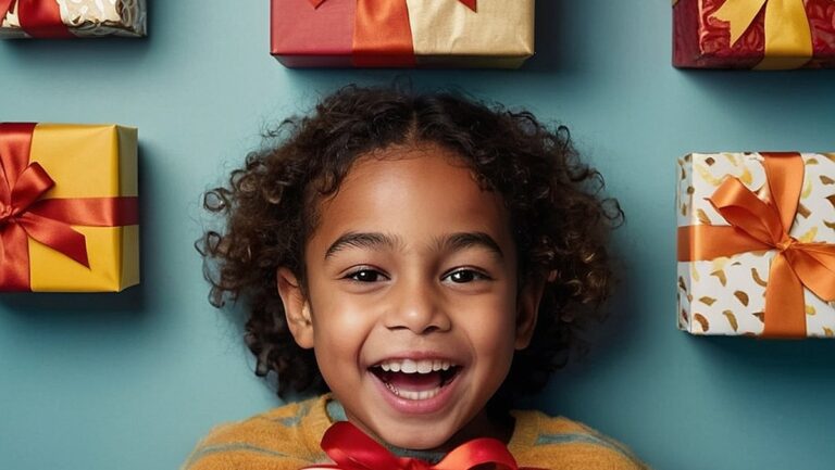 Džiaugsmingas vaiko veidas, kai jie išpakuoja gražiai supakuotą dovaną, apsuptą įvairių unikalių ir kūrybingų dovanų. Puikiai tinka straipsniui apie tobulų ir nepamirštamų dovanų vaikų ypatingoms progoms paiešką.