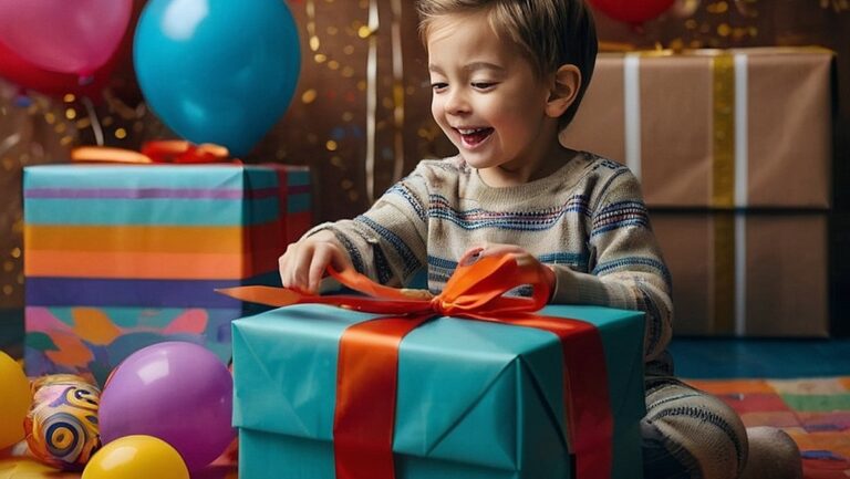 Vaikas susijaudinęs išvynioja dovanų dėžutę su lavinamaisiais ir linksmais žaislais, apsuptas spalvingo vyniojamojo popieriaus ir balionų.