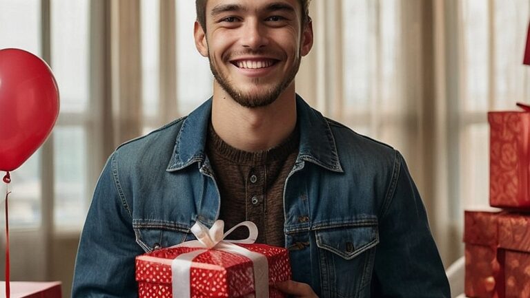Jaunas vyras, besišypsantis, gavęs dovaną, atstovaujančią jo interesus. Fone šventinę atmosferą papildo dovanų pakavimo medžiagos ir širdelės formos balionas.