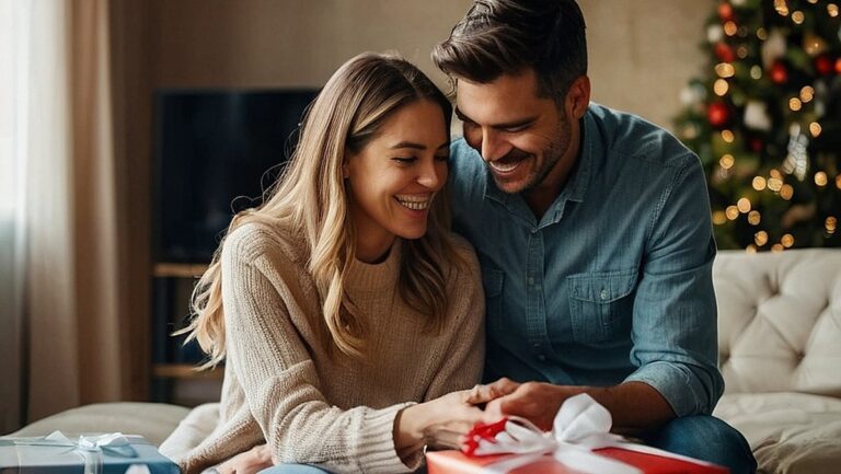 Laiminga pora jaukioje svetainėje, apsupta įvairių dovanų ir dekoracijų. Vyras išvynioja dovaną, o moteris žiūri su meile su šypsena.