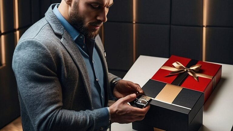 Aukštos kokybės vyro, atidarančio elegantišką, modernią dovanų dėžutę, pripildytą aukščiausios klasės dalykėlių ir prietaisų, atvaizdas. Kambarys dekoruotas stilingais ir vyriškais elementais, sukuriančiais prabangos ir rafinuotumo atmosferą.