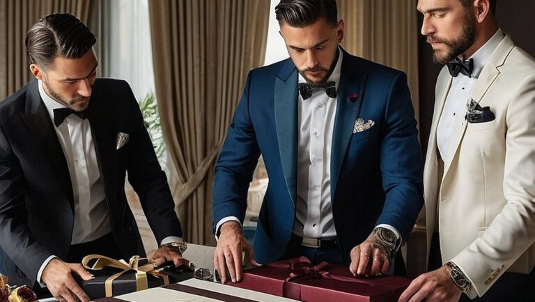 Realus kostiumų vyrų grupės, susirinkusios prie elegantiškų ir suasmenintų dovanų pasirinkimo stalų, vaizdas. Vyrai diskutuoja ir renkasi tobulą dovaną ypatingai progai, demonstruodami dėmesingumo ir dėmesio smulkmenoms svarbą dovanoje.
