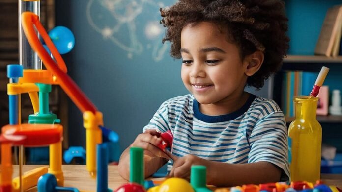 Spalvingas vaizdas, kuriame vaizduojamas vaikas, laimingas tyrinėjantis mokslo rinkinį, apsuptas lavinančių žaislų ir knygų. Puikiai tinka straipsniui apie edukacines dovanas vaikams.