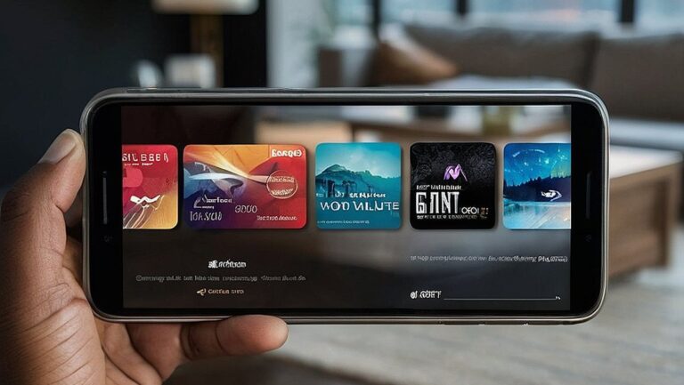 Asmuo, laikantis išmanųjį telefoną, ekrane slenkantis įvairias skaitmenines dovanų korteles. Fone – moderni ir minimalistinė svetainė, atspindinti skaitmeninių dovanų teikimo patogumą ir universalumą.