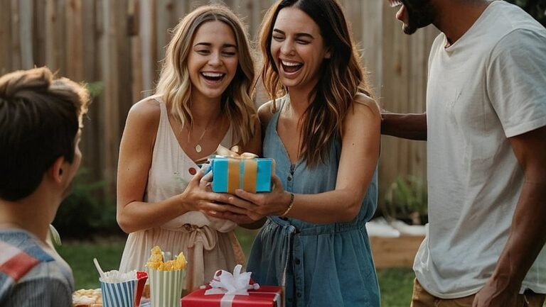 Grupė draugų, besijuokiančių ir dovanojančių vieni kitiems dovanas gimtadienyje kieme.