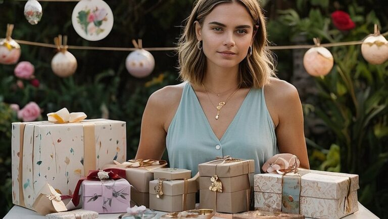 Didelės raiškos jaunos moters vaizdas, stovintis sode, apsuptas gražiai supakuotų ir suasmenintų dovanų. Dovanos – nuo ​​sentimentalių papuošalų ir rankų darbo dirbinių iki praktiškų virtuvės įtaisų ir savitarnos reikmenų, demonstruojančių gimtadienio dovanų įvairovę ir apgalvotumą.