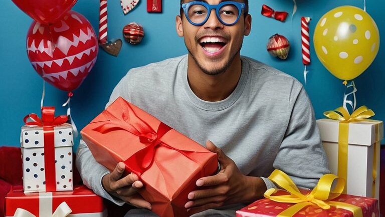 Didelės raiškos žmogaus vaizdas, apsuptas įvairių dovanų, įskaitant suasmenintus daiktus ir su pomėgiais susijusias dovanas. Žmogaus veidas alsuoja jauduliu ir smalsumu, parodo gimtadienio dovanų apgalvotumą ir individualizavimą pagal individualius pomėgius.