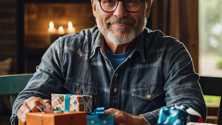 Realistiškas ir didelės raiškos tėčio, sėdinčio prie stalo, atvaizdas, apsuptas įvairių smagių ir apgalvotų dovanų tėčiams. Dovanos – nuo ​​personalizuotų puodelių ir įrankių iki lauko įrangos ir knygų, parodančių, kaip svarbu pasirinkti unikalų ir