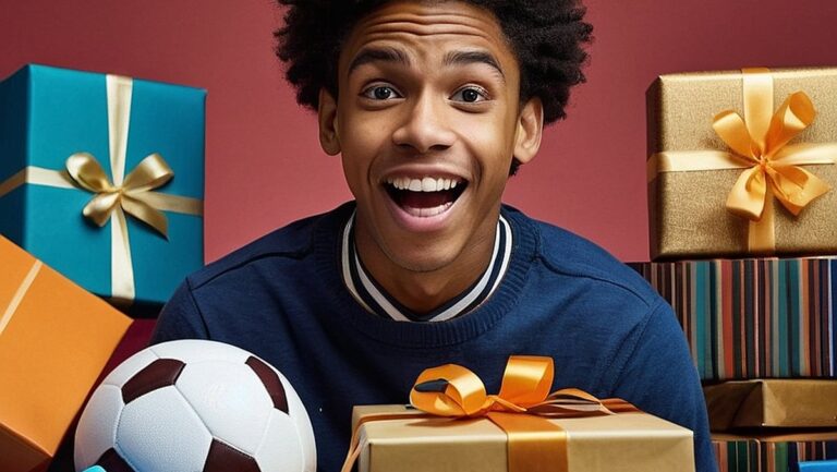 Didelės raiškos jauno vyro vaizdas, apsuptas įvairių dovanų, įskaitant sporto įrangą, techninius prietaisus ir lauko įrangą. Vyro veidas kupinas jaudulio ir smalsumo, demonstruojant įvairius dovanų variantus jauniems vyrams jų gimtadienio proga.