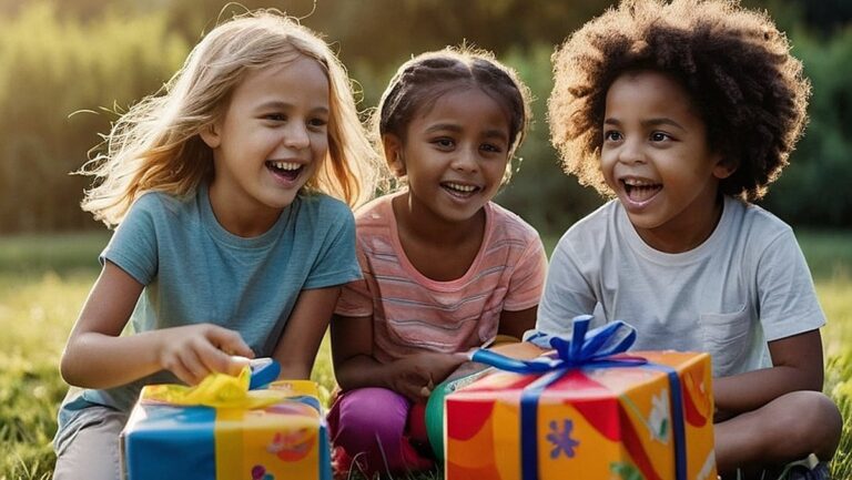 Didelės raiškos vaizdas, kuriame įvairi vaikų grupė linksmai žaidžia su įvairiomis amžių tinkamomis dovanomis – nuo ​​lavinančių žaislų iki lauko įrangos. Vaikų veidai pilni tyro džiaugsmo ir jaudulio, demonstruojant tobulas gimtadienio dovanas visiems vaikams