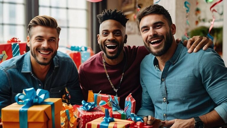 "Reališkas grupės vyrų gimtadienio šventėje įvaizdis su įvairiausiomis dovanų idėjomis. Vyrai šypsosi ir smagiai leidžia laiką, apsupti spalvingų dekoracijų."