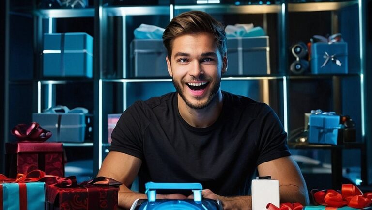 Didelės raiškos žmogaus atvaizdas, apsuptas įvairių prietaisų ir technologijų įkvėptų dovanų, futuristiniame ir šiuolaikiškame fone. Vyro veidas kupinas jaudulio ir smalsumo, demonstruojantis džiaugsmą ir susidomėjimą gauti technikos dovanas vyrams.