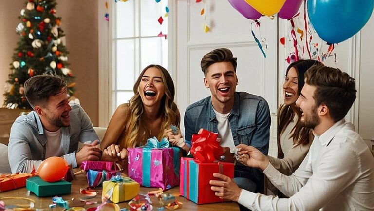 Grupė jaunų vyrų ir moterų susirinko prie stalo, juokėsi ir laikė kvailas dovanas. Kambarys papuoštas snapais ir balionais, kurie papildo šventinę atmosferą.