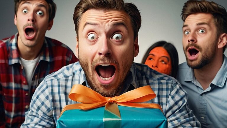 Didelės raiškos atvaizdas vyro, laikančio komiškai didelę dovanų dėžutę su nustebusia veido išraiška. Dėžutė suvyniota į spalvingą ir nuotaikingą vyniojamąjį popierių, suteikiantį komiško efekto. Aplink susirinkę kiti vyrai juokiasi ir mėgaujasi l