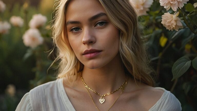 Jauna moteris stovi sode, apsupta žydinčių gėlių ir medžių, laikanti gležną auksinį vėrinį su širdelės pakabuku.