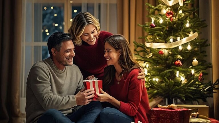 Šeima, sėdinti prie eglutės, besikeičianti dovanomis ir besidalijanti šypsenomis, užfiksuojanti širdžiai mielą ir prasmingą dovanų teikimo šventiniu laikotarpiu tradiciją.