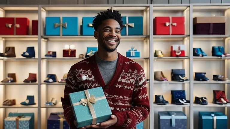 Didelės raiškos žmogaus, naršančio šiuolaikinėje ir patogioje internetinėje dovanų parduotuvėje, vaizdas, kuriame rodomos įvairios unikalios ir apgalvotos kalėdinių dovanų galimybės. Asmuo šypsosi ir jaučiasi patenkintas, parodydamas, kaip patogu ir paprasta pirkti dovanas internetu