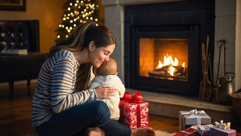 Šiltas ir jaukus mamos ir vaiko, sėdinčio prie židinio, įvaizdis, apsuptas įvairiausių apgalvotų ir personalizuotų dovanų. Puikiai tinka straipsniui apie tobulų ir širdžiai mielų dovanų mamoms paiešką šventiniu laikotarpiu.