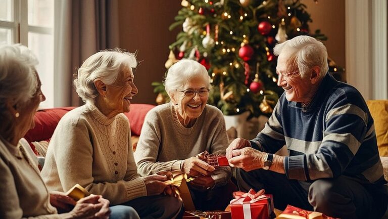 Didelės raiškos vaizdas, kuriame pagyvenusių šeimos narių grupė sėdi prie Kalėdų eglutės, keičiasi nuoširdžiomis dovanomis ir kartu juokiasi. Patalpa užpildyta šiltomis ir jaukiomis dekoracijomis, parodančiomis, kaip svarbu puoselėti ir švęsti vyresniąją kartą šventiniu laikotarpiu.