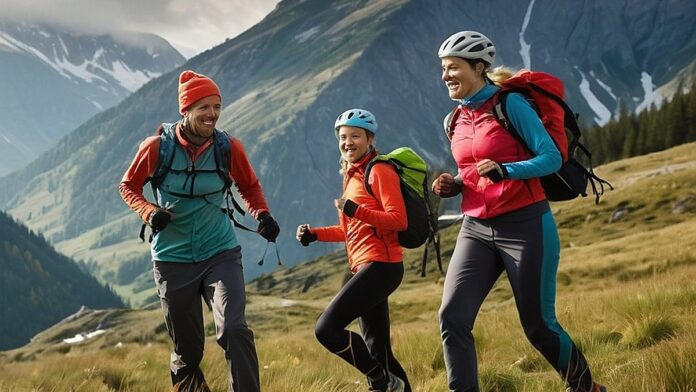 Didelės raiškos vaizdas iš aktyvių asmenų, dalyvaujančių lauko sporte, apsuptas įvairių energingų ir nuotykių kupinų dovanų variantų. Fone pavaizduotas vaizdingas ir natūralus kraštovaizdis, išryškinantis džiaugsmą ir jaudulį dovanojant ir gaunant aktyvias dovanas.