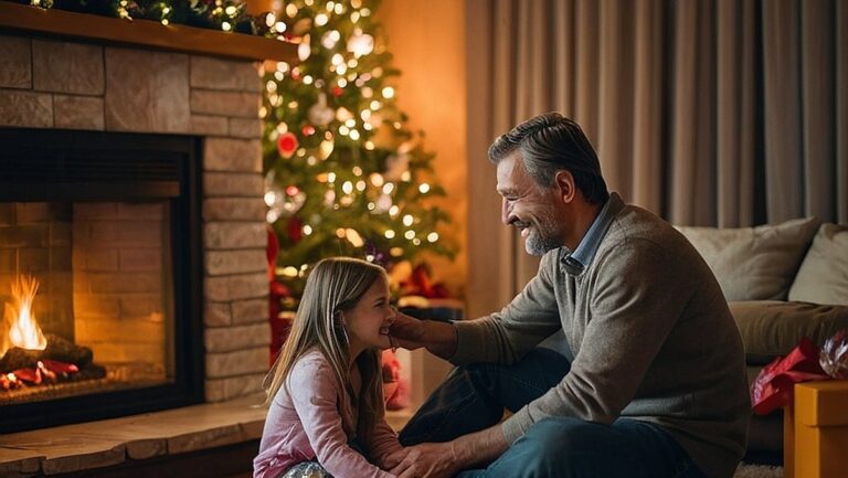 Tėvas su dukra sėdi prie židinio, jaukioje svetainėje keičiasi dovanomis. Šiame įvaizdyje su šiltomis ir praktiškomis dovanomis užfiksuota širdžiai miela dovana mylimam tėčiui.