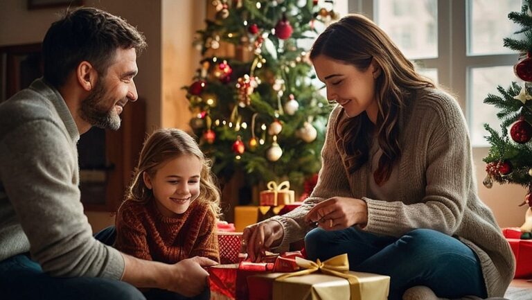 Kokybiškas šeimos, susirinkusios prie Kalėdų eglutės, besikeičiančios šiltomis ir nuoširdžiomis dovanomis, vaizdas. Patalpa užpildyta šventinėmis dekoracijomis ir jaukiais elementais, sukuriančiais meilės ir džiaugsmo atmosferą.
