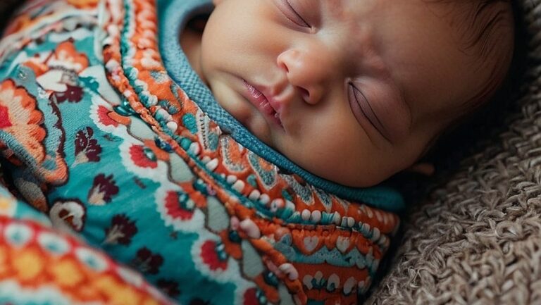 Gražus ir praktiškas naujagimio, kietai miegančio spalvingų raštų nešynėje, vaizdas. Puikiai tinka straipsniui apie geriausias ir patogiausias kūdikio reikmenų dovanas naujiems tėvams.