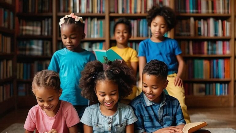 Žavingas vaizdas, kaip būrys vaikų, linksmai skaitančių kartu, apsuptas plataus spalvingų ir įtraukiančių knygų pasirinkimo. Puikiai tinka straipsniui apie vaikų meilės skaitymui ugdymą apgalvotomis ir įvairiomis knygų dovanomis.