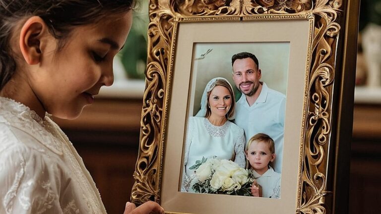 Grupė šeimos narių, laikanti gražiai sukurtą krikštynų albumą ir rėmelį, įamžinantį brangias ypatingos dienos akimirkas ir prisiminimus, simbolizuojančius brangių gyvenimo akimirkų išsaugojimo vertę ir reikšmę.