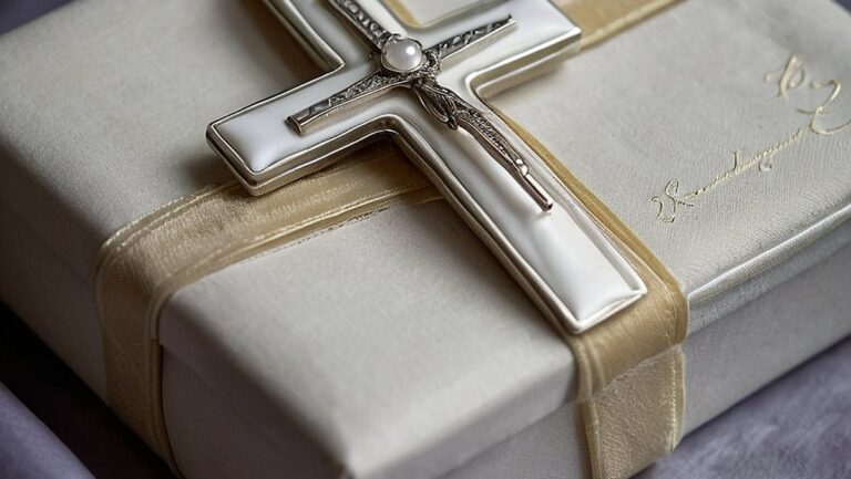 Elegantiškai dekoruota dovanų dėžutė, užpildyta įvairiomis praktiškomis ir gražiomis krikštynų dovanomis, įskaitant personalizuotą antklodę ir subtilų sidabrinį kryžių, simbolizuojantį dovanų teikimo džiaugsmą ir praktiškumą šia ypatinga proga.