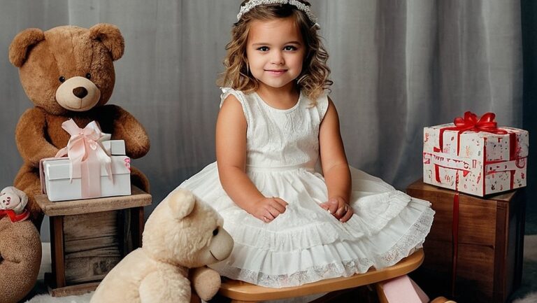 Jauna mergina, pasipuošusi balta suknele, sėdinti ant supamojo žirgo, apsupta suasmenintų dovanų, tokių kaip meškiukas ir gležnas kryžius, simbolizuojantis naujo gyvenimo skyriaus pradžią.