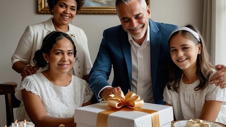 Prie gražiai papuošto stalo susirinko būrys šeimos narių, kurie grožėjosi personalizuota krikštynų dovanų dėžute, užpildyta prasmingomis dovanomis ir linkėjimais, simbolizuojančiais šios ypatingos progos džiaugsmą ir tradiciją.