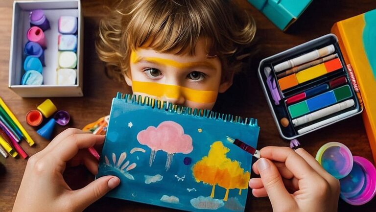 Ryškus vaiko, žaidžiančio su meno reikmenų rinkiniu, įvaizdis, apsuptas įvairių kūrybingų ir vaizduotę skatinančių dovanų. Puikiai tinka straipsniui apie vaikų kūrybiškumo ir vaizduotės ugdymą per unikalias ir įdomias dovanas.