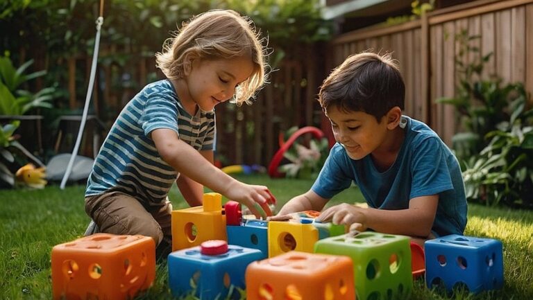 Grupė vaikų, žaidžiančių su įvairiais lauko žaislais ir žaidimais vešliame, žaliame kieme. Puikiai tinka straipsniui apie linksmas ir patrauklias dovanas vaikams lauke.